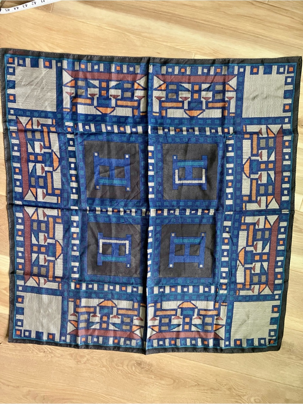 Vintage Ellen Tracy Blue, Gray and Brown Geometric 100% Silk Scarf